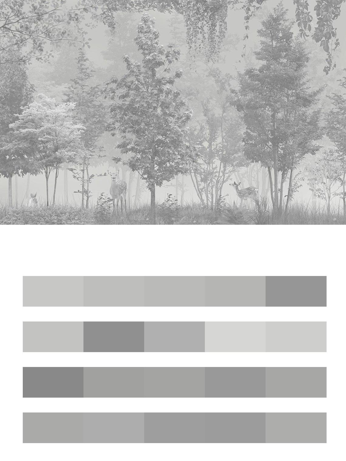 Серый лиственный лес с оленями цвета
