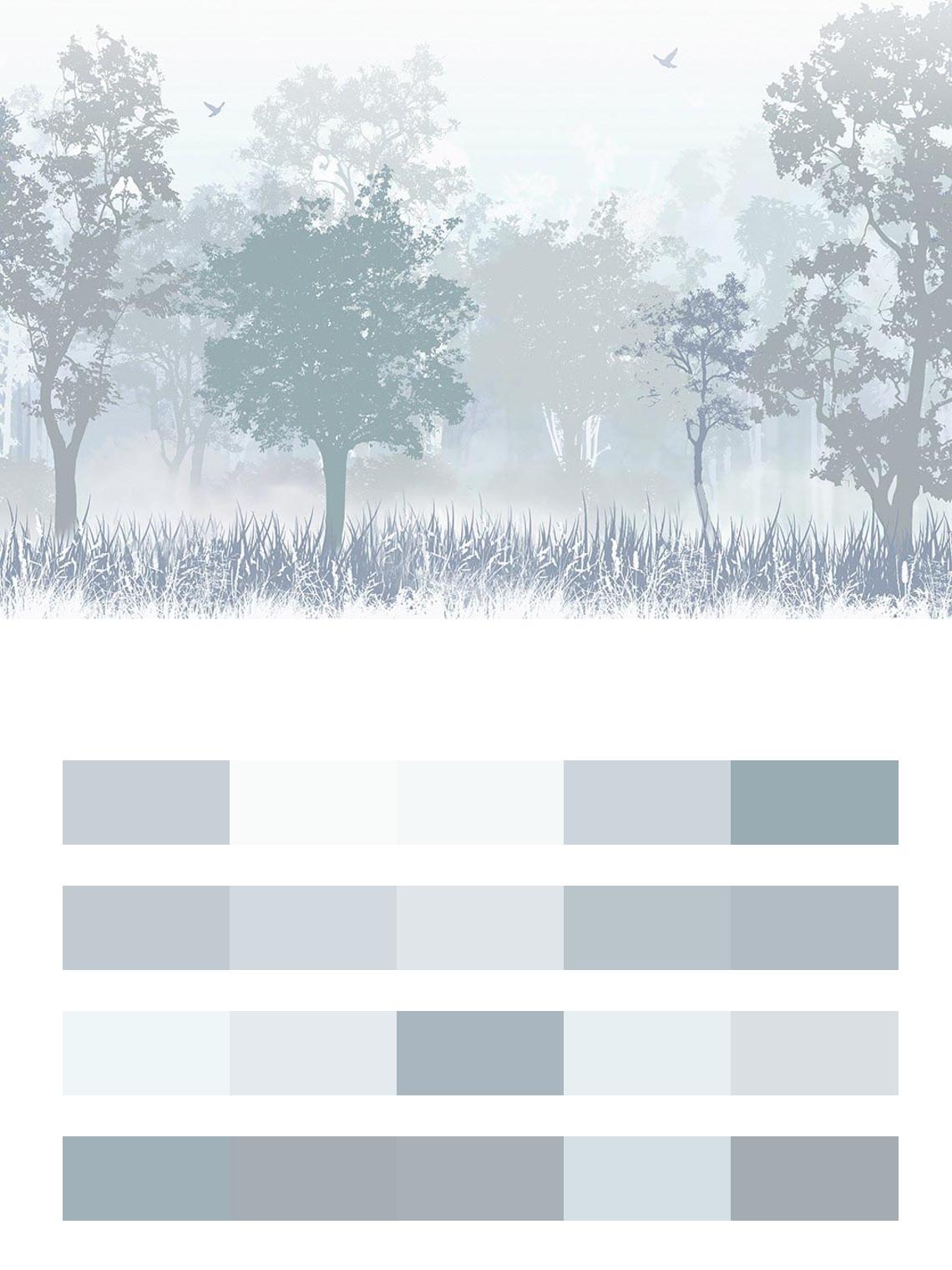 Нежный лес в тумане серо-голубой цвета