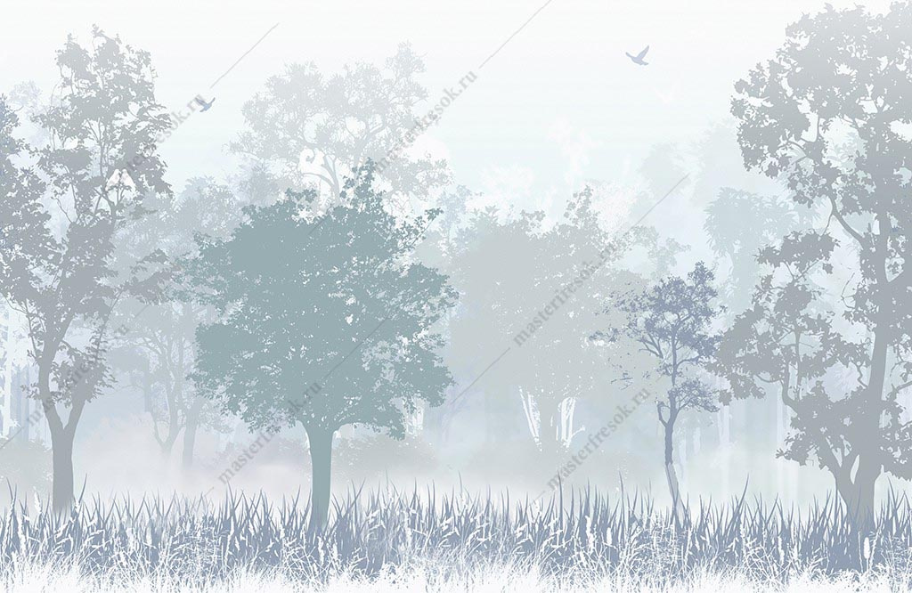 Фотообои Нежный лес в тумане серо-голубой